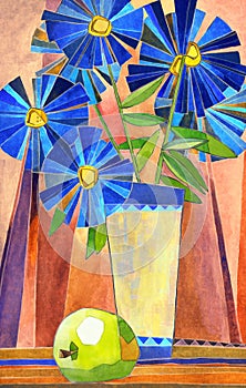 Stylized watercolor still life. Vase with large bl