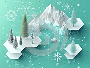 Stylized winter landscape featuring geometric mountains and trees on an abstract turquoise background.