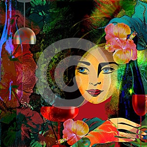 Stylized woman face on a colored tropical background,wine menu