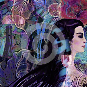 Stylized woman face on a floral background, menu background.