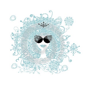 Stylized woman hairstyle with snowflake. Winter