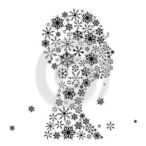 Stylized woman head, snowflakes. Winter season.