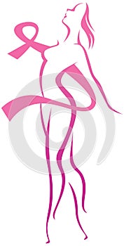 Stylized woman silhouette and breast cancer awareness pink ribbo