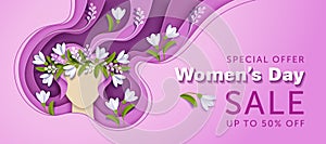 Stylized Womens day Sale Banner Paper cut style in a purple colors. 8 march card with a flowing Hair, Woman face