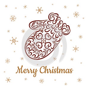 Stylized woolen mitten from ornament elements. Snowflakes and inscription Merry Christmas.