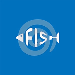 Stylized word in shape of fish isolated on blue. Seafood restraurant logo. Web icon, symbol. Vector Illustration, EPS10.
