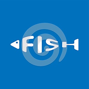 Stylized word in shape of fish isolated on blue. Seafood restraurant logo. Web icon, symbol. Vector Illustration, EPS10.