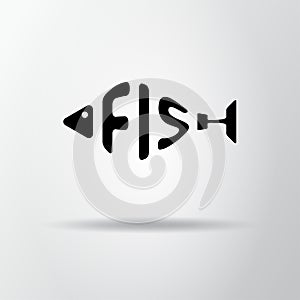Stylized word in shape of fish isolated on gray. Seafood restraurant logo. Web icon, symbol. Vector Illustration, EPS10.