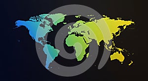 A stylized world map displays the continents in a gradient of blue to yellow on a