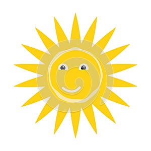 Stylized yellow summer sun funny character with smiling face. Sun icon with different shapes of rays. Simple Vector isolated on