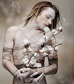 Stilizzato giovane amorevole uomo ciuffo da fioritura fiori. oscura 