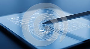 Stylus pen interacting with a digital tablet displaying a user interface design concept