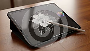 A stylus rests on the screen suggesting active drawing or design work