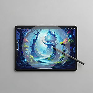 A stylus rests on the screen suggesting digital illustration