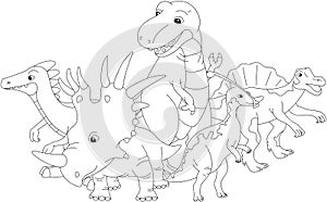 Styracosaurus, spinosaurus, tyrannosaur, stegosaurus and parasaurolophus. Coloring book