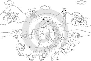 Styracosaurus, spinosaurus, tyrannosaur, stegosaurus and parasaurolophus. Coloring book photo