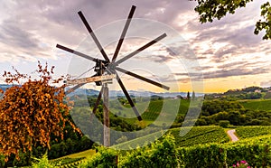 Styrian Tuscany like Vineyard with windmill, Styria, Austria