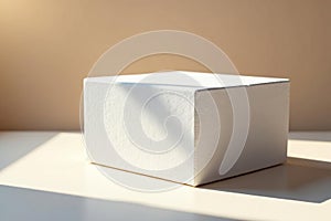 Styrofoam box in a studio with soft natural light, plain surface, artistic composition, softbox lighting