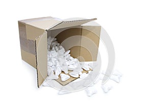 Styrofoam peanuts for the protection of fragile packages on white background.