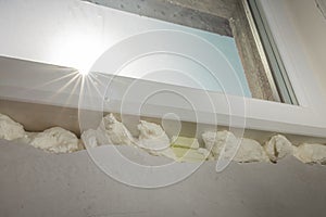 Styrofoam or pu or poliurethane expanding foam used to install window ledges or shelves