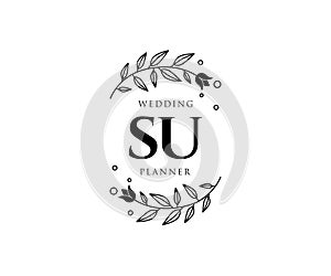 SU Initials letter Wedding monogram logos collection, hand drawn modern minimalistic and floral templates for Invitation cards,