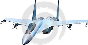 Su-35 is a Russian multipurpose super maneuverable fighter with a controlled thrust vector on a white background. photo