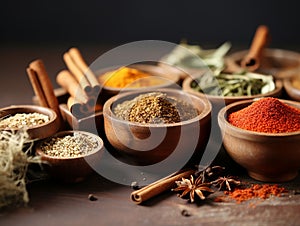 Su tavolo spices in square wooden bowls photo