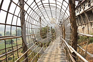 Su Tong Pae bamboo wooden bridge of Wat Phu Sa Ma temple for thai people and foreign traveler travel visit while PM 2.5 Dust