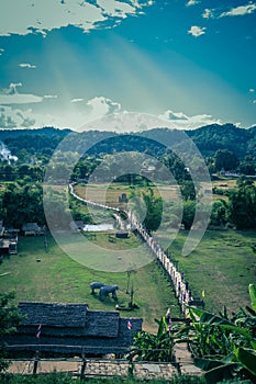 Su Tong Pae Bridge,the bamboo bridge of faith across the rice fields in Mae Hong Son province,Northern Thailand.