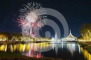 Suan Luang Rama IX Park. With decorative lighting Twilight time and fireworks