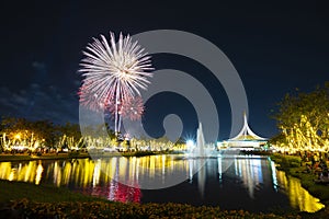 Suan Luang Rama IX Park. With decorative lighting Twilight time and fireworks