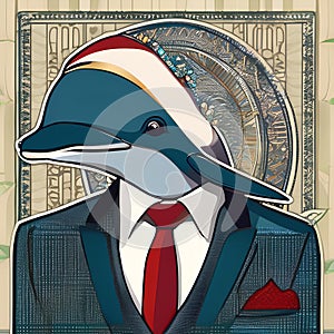 A suave dolphin in a tailored suit, posing for a portrait with a playful and intelligent gaze2