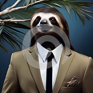A suave sloth dressed in a sleek black suit and tie, hanging from a tree branch3