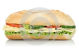 Sub deli sandwich baguette with cheese side view isolated