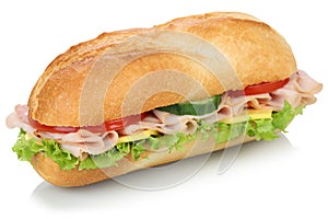 Sub deli sandwich baguette with ham isolated photo