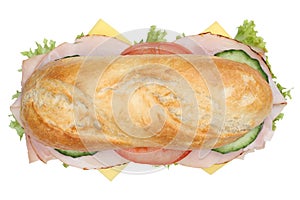 Sub deli sandwich baguette with ham top view isolated