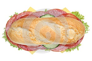 Sub deli sandwich baguette with salami top view isolated