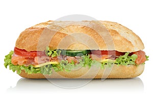 Sub deli sandwich baguette with salmon fish side view isolated