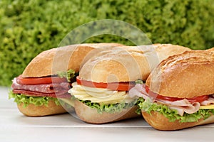 Sub deli sandwiches baguettes with ham, salami and cheese