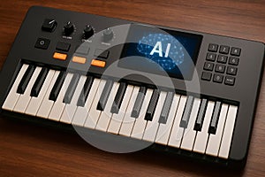 Compact electronic keyboard with 25 keys on a wooden surface.