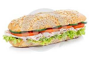 Sub sandwich with ham whole grains grain baguette isolated on white