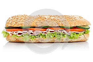 Sub sandwich with ham whole grains grain baguette lateral isolated on white photo