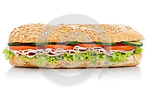 Sub sandwich with ham whole grains grain baguette lateral isolated on white