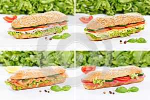 Sub sandwiches collage whole grain with ham cheese salami fish o