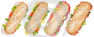 Sub sandwiches whole grains ham salami cheese salmon fish from a