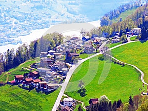 Subalpine settlement Walenstadtberg at the foot of the Churfirsten mountain range and above Lake Walensee - Canton of St. Gallen