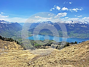 Subalpine valley Seeztal and lake Walensee, between the mountain ranges of Churfirsten and Glarus Alps, Walenstadtberg