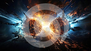 Subatomic proton particle collision. Nuclear fusion concept. Generative AI