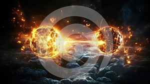 Subatomic proton particle collision. Nuclear fusion concept. Generative AI