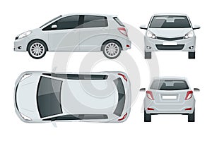 Subcompact hatchback car. Compact Hybrid Vehicle. Eco-friendly hi-tech auto. Easy color change. Template isolated on